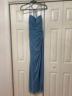 Azazie Steel Blue Floor-Length Spaghetti Strap Bridesmaid Dress